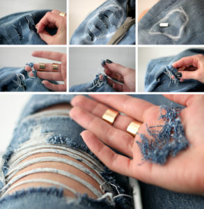 The process of forming holes in jeans