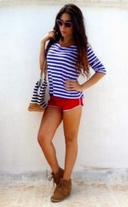 striped T-shirt with red shorts