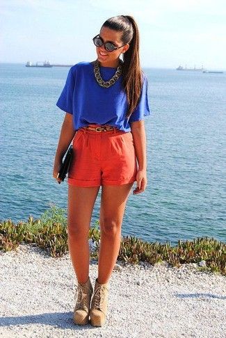 blue blouse and red shorts