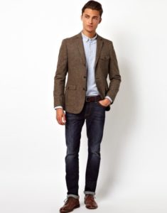 Men's brown jacket and jeans