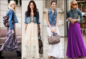 áo khoác denim với váy maxi