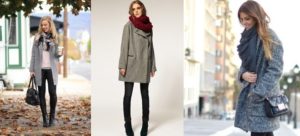 Variations of scarves under a gray coat