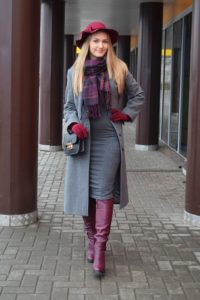 Bright checkered scarf under a gray coat