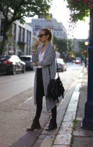 Look con cardigan lungo, borsa e stivali