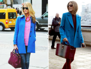 Blue coat and burgundy bag