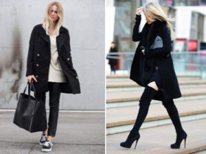 Sneakers e tacchi a spillo sotto un cappotto nero