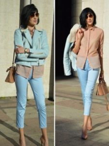 pantalón azul con top pastel