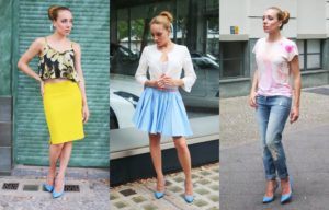 verschillende outfits met blauwe schoenen