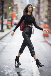 black cropped leather trousers