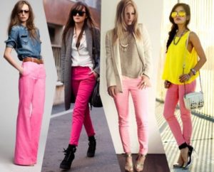 pantaloni roz în diferite look-uri