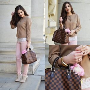 combinazione di pantaloni rosa con beige