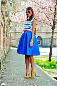 Yellow shoes with a blue skirt