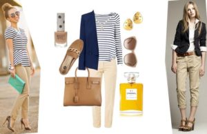 combination of beige trousers with shoes and accessories