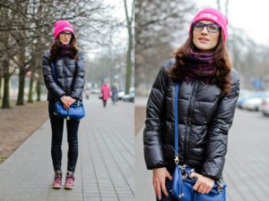 black short down jacket and bright accessory