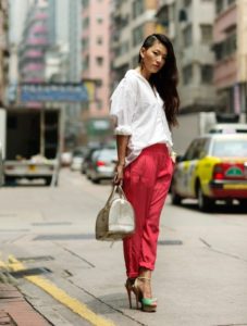 white blouse coral pants