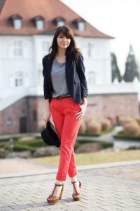 black jacket coral trousers