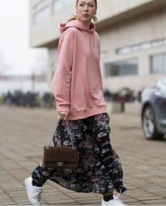 pink oversized hoodie with camouflage pants