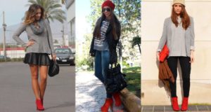 bottes rouges avec jupe en cuir