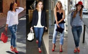 scarpe rosse con diversi modelli di jeans