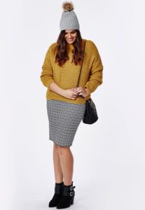 mustard sweater with checkered pencil skirt