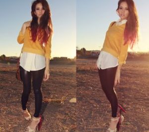 mustard sweater with shirt and leggings