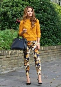 mustard sweater with colorful trousers