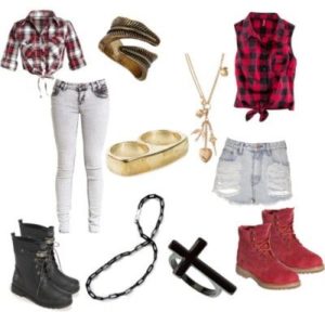 Red Timberlands with a plaid shirt