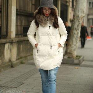 white down jacket with jeans