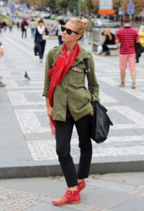 red shoes and khaki shirt