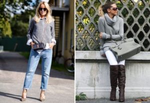 grauer Pullover mit Overknee-Stiefeln