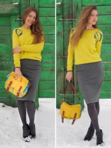 girl in a yellow sweater and pencil skirt