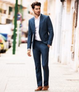 with a dark blue suit