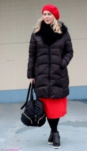 bright beret under a black down jacket