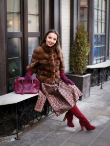 burgundy boots with short fur coat