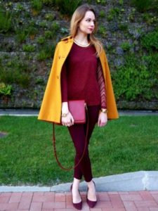 yellow coat with burgundy shoes