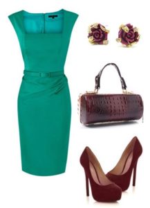 green dress with burgundy shoes