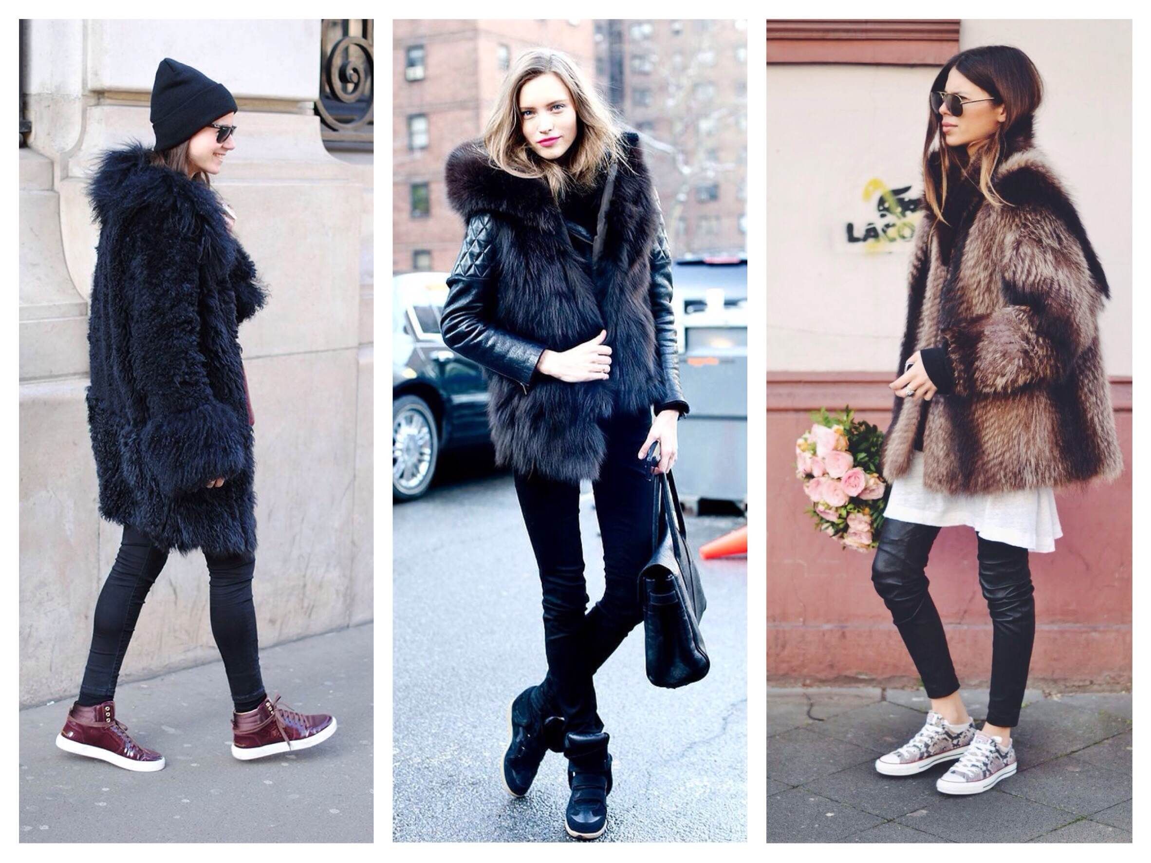 Mga faux fur coat na may sneakers