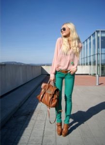 green jeans and red ankle boots