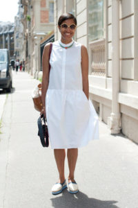 white dress and white slip-ons