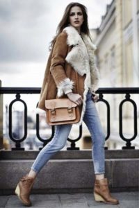 short natural sheepskin coat with jeans