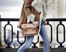 short natural sheepskin coat with jeans