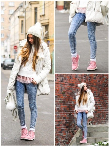 pink timberlands with jeans