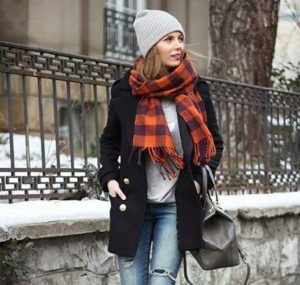 beanie with plaid scarf