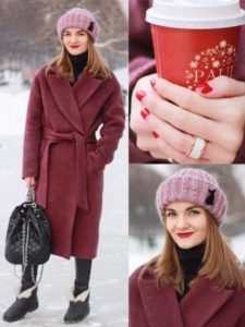 pink hat with brown coat