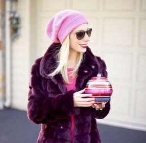 pink hat with fur coat