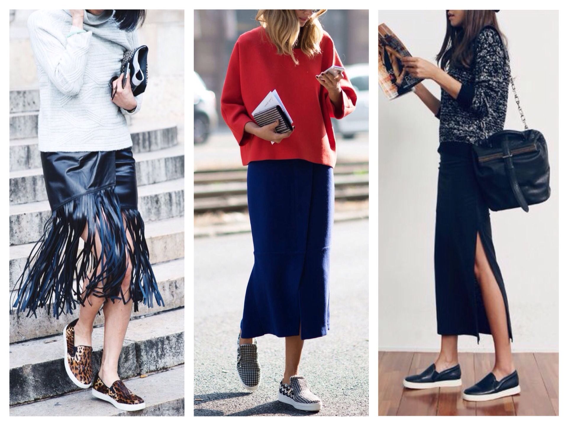 Slip-ons with midi skirts of medium length