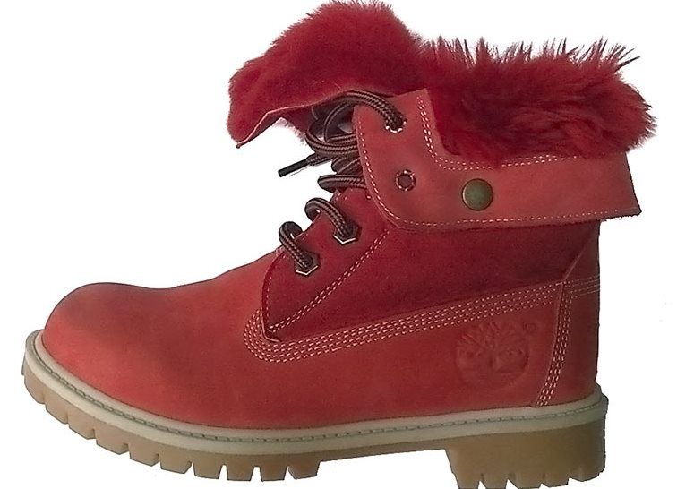 Red Timberland boots with fur