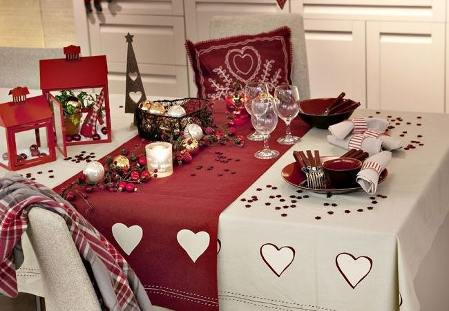 White and red tablecloth on the table