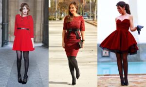 opções de meia-calça para um vestido vermelho