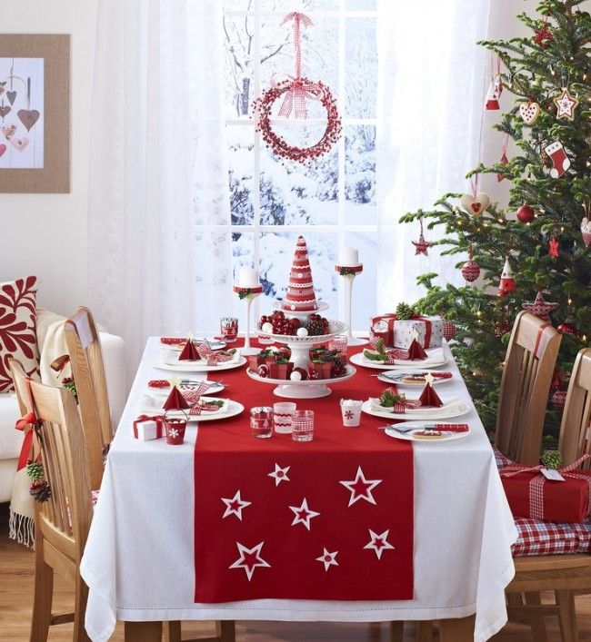 Mesa de Año Nuevo con mantel blanco y camino rojo.